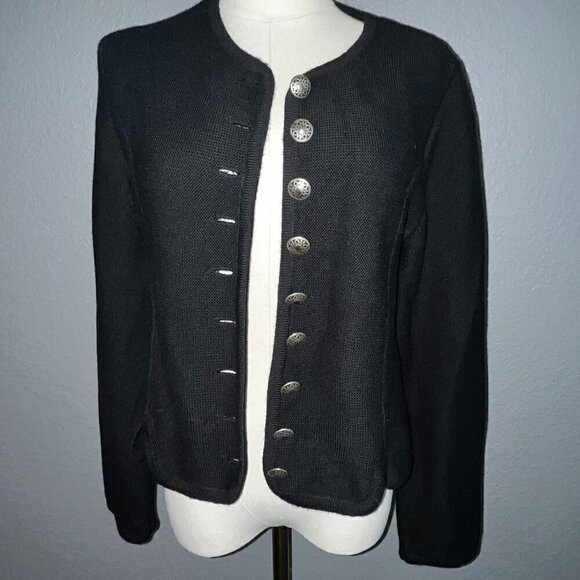 VINTAGE EUROPEAN Black Cardigan Sweater with Silver Decorative Buttons  No Label - Picture 1 of 10